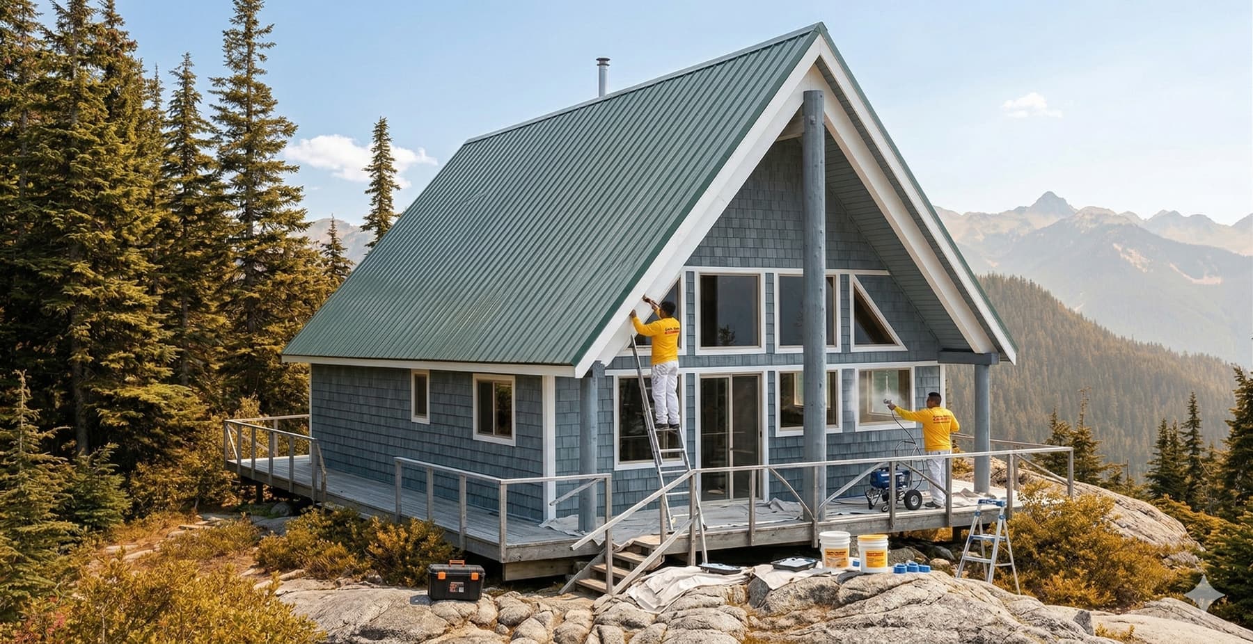 Two painters coating the trim and shingles of a mountain A-frame cabin
