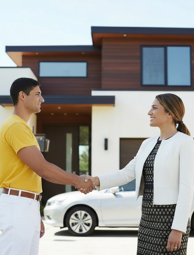 A CertaPro painter shaking hands with a homeowner outside her house