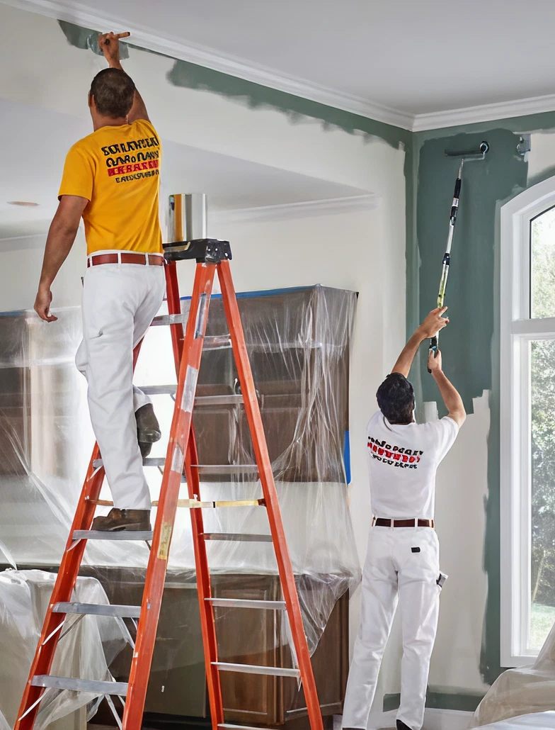 Two CertaPro painters cutting in a ceiling line and rolling a wall in a draped living room