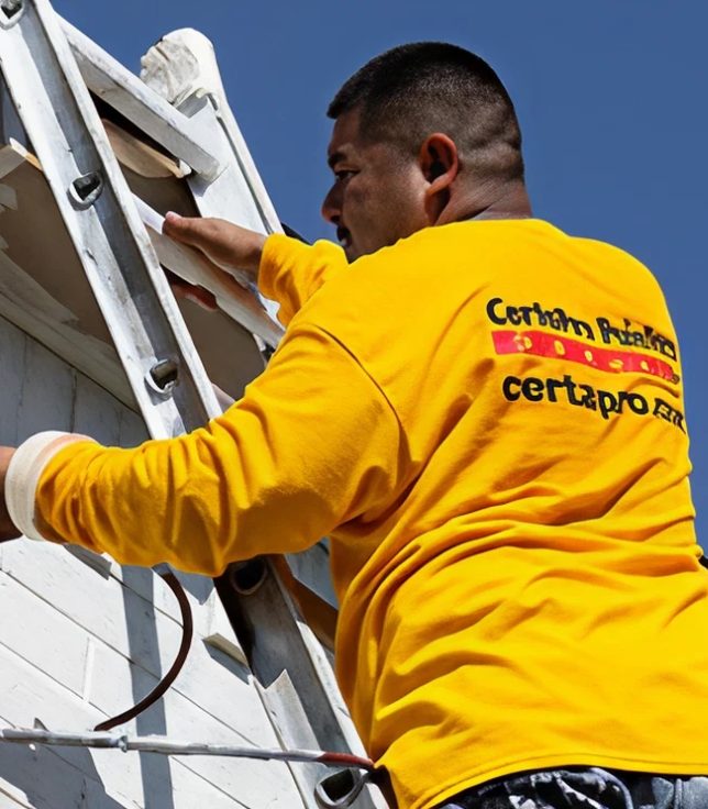 A CertaPro painter spraying a white brick exterior from a ladder